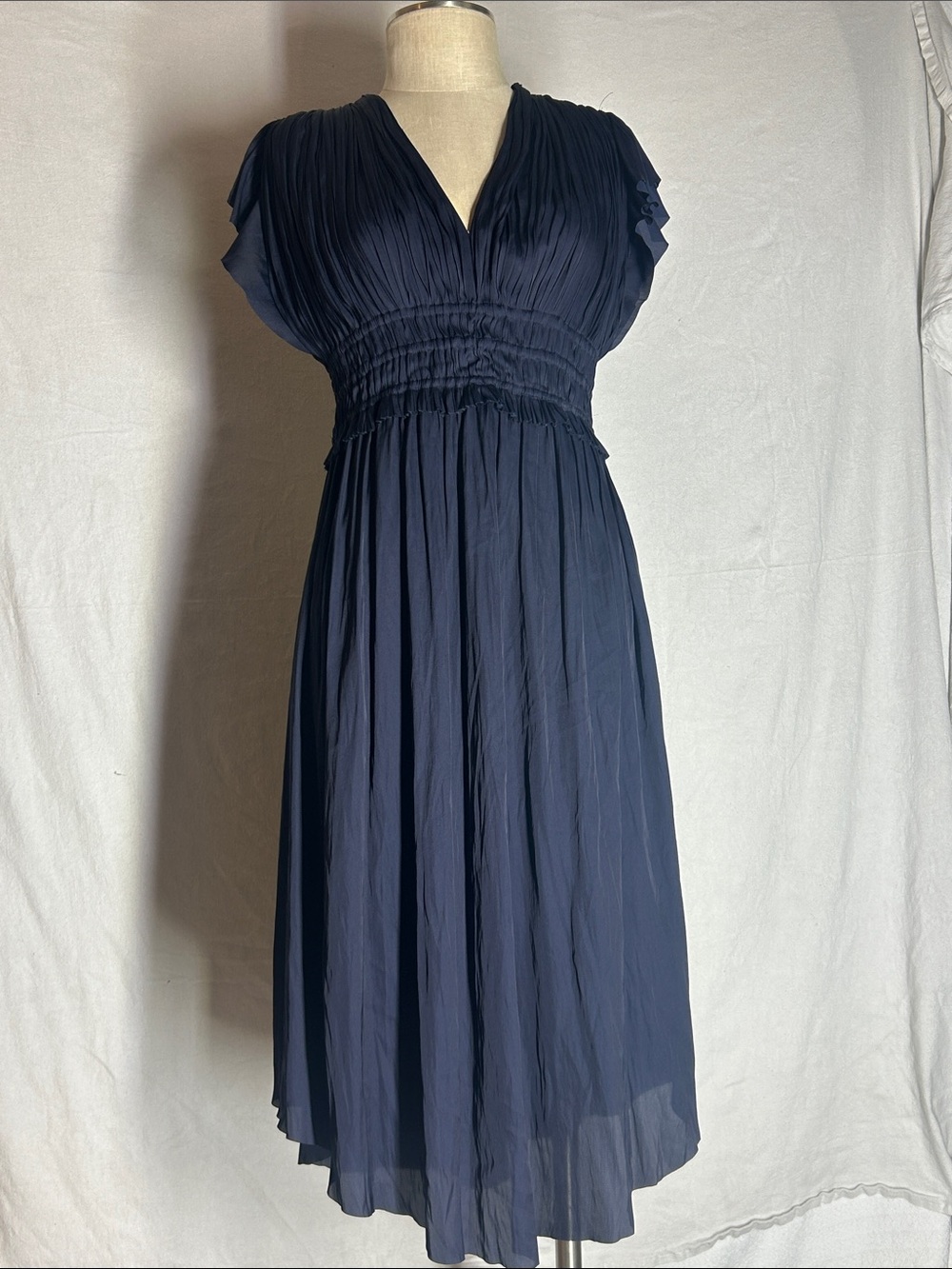 Express Navy Pleated V-Neck Midi Dress